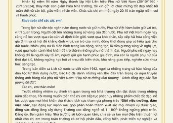 THƯ CHÚC MỪNG CỦA HIỆU TRƯỞNG TRƯỜNG CAO ĐẲNG NGHỀ SỐ 1 – BQP NHÂN NGÀY THÀNH LẬP HỘI LIÊN HIỆP PHỤ NỮ VIỆT NAM (20/10/1930 – 20/10/2024)